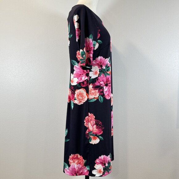 Roz & Ali Womens Black Floral Half Sleeve Dress Boat Neck Knee Length Size M - Picture 2 of 15